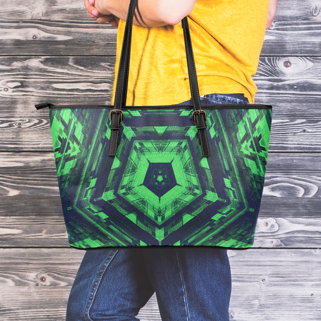 Dark Green Kaleidoscope Print Leather Tote Bag