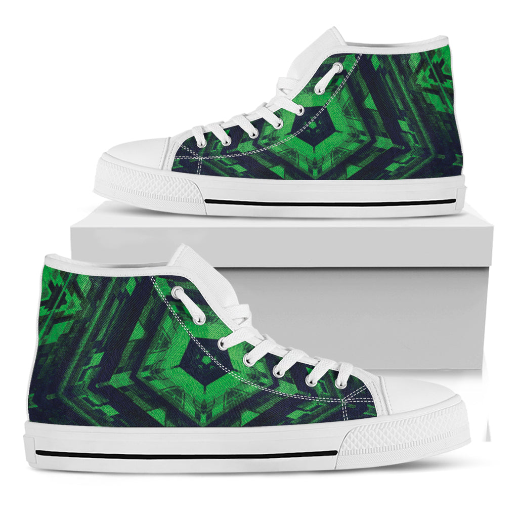 Dark Green Kaleidoscope Print White High Top Shoes