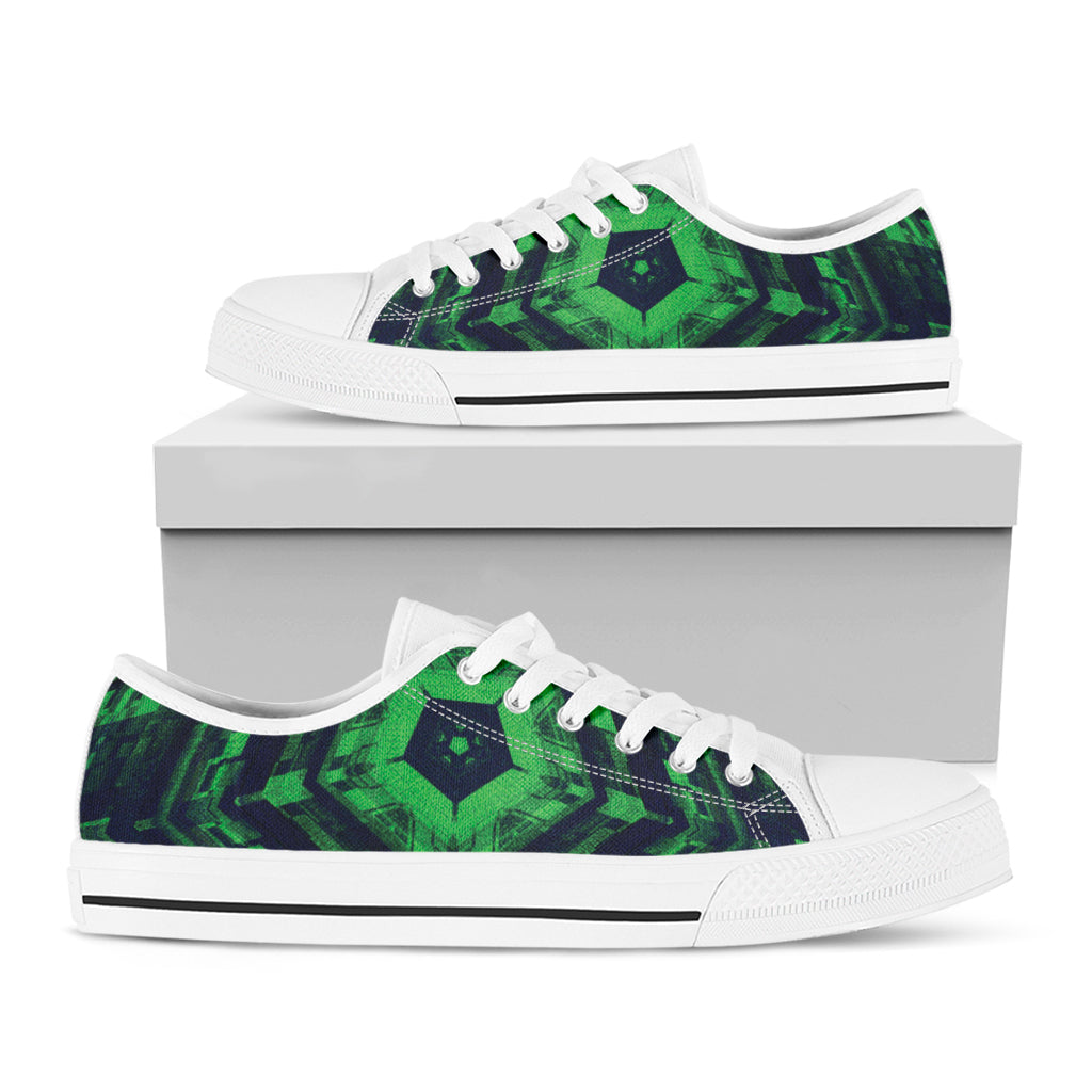 Dark Green Kaleidoscope Print White Low Top Shoes