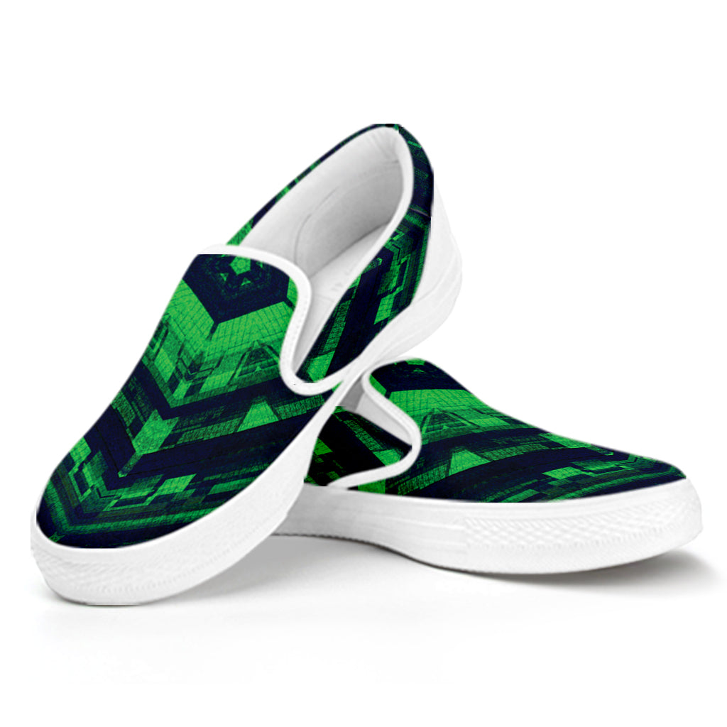 Dark Green Kaleidoscope Print White Slip On Shoes