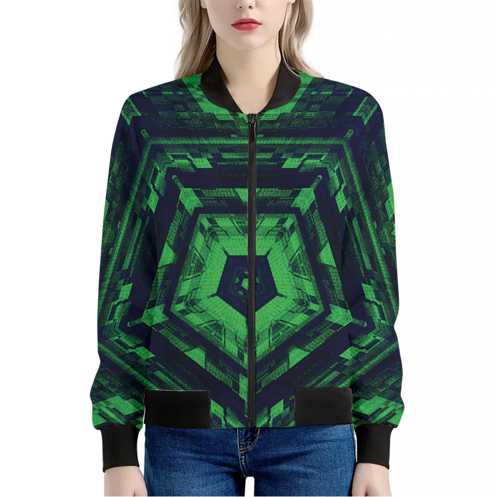 Dark Green Kaleidoscope Print Women's Bomber Jacket