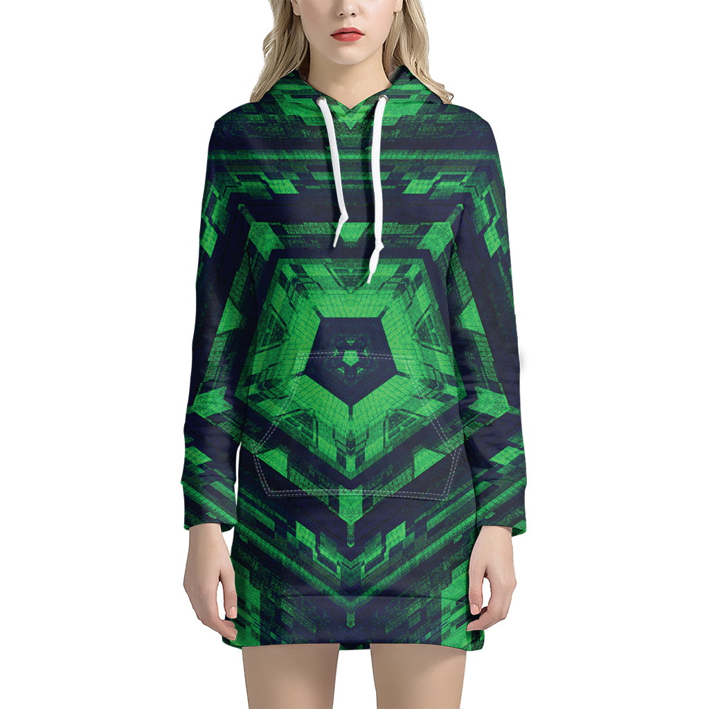 Dark Green Kaleidoscope Print Women's Pullover Hoodie Dress