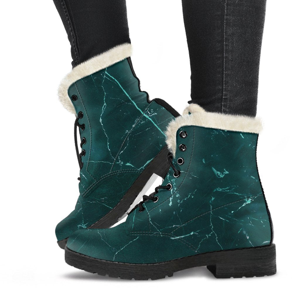 Dark Green Marble Print Faux Fur Leather Boots