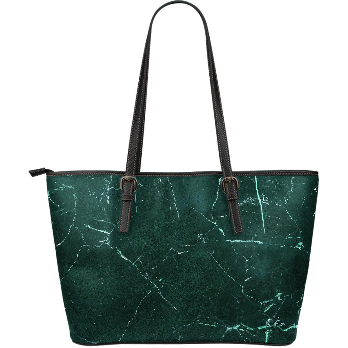 Dark Green Marble Print Leather Tote Bag