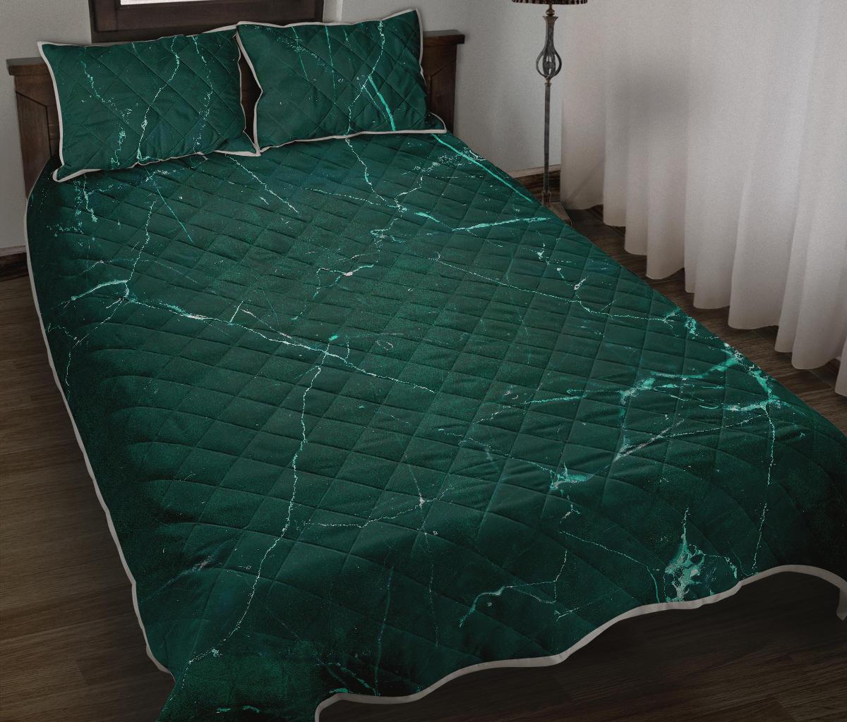 Dark Green Marble Print Quilt Bed Set