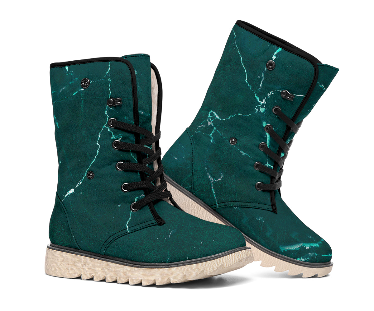 Dark Green Marble Print Winter Boots