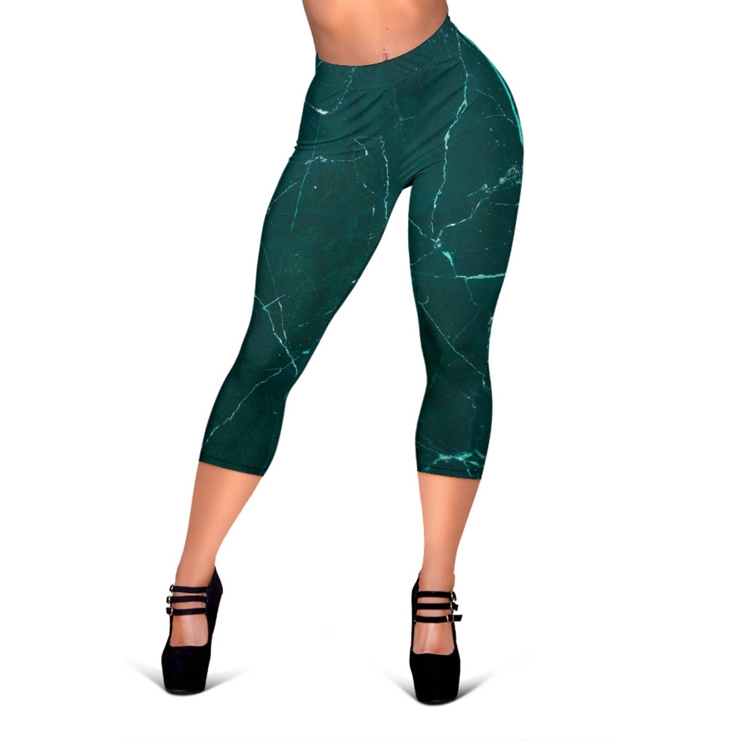 Dark Green Marble Print Women's Capri Leggings