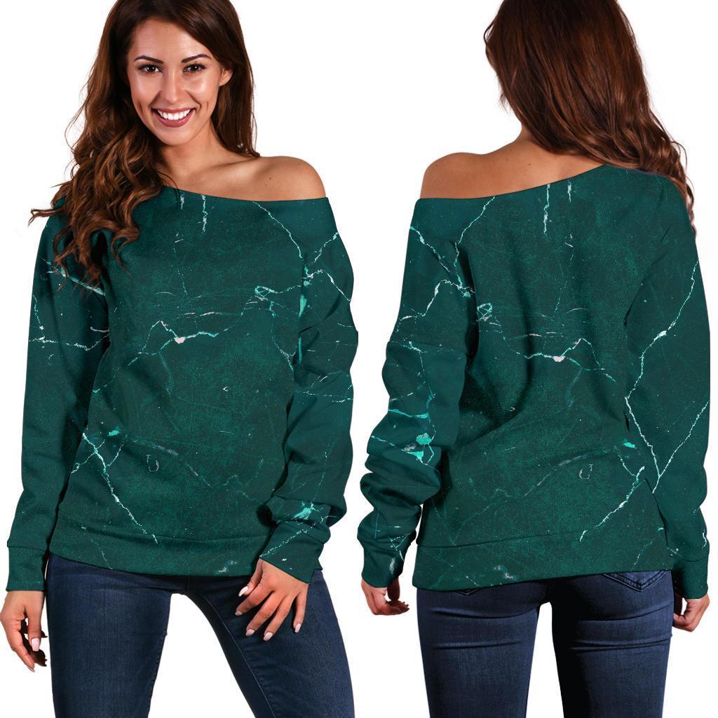 Dark Green Marble Print Women's Off-Shoulder Sweatshirt