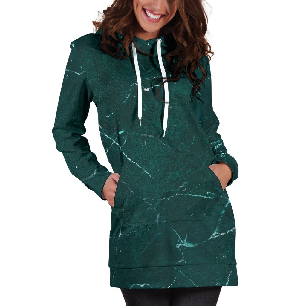 Dark Green Marble Print Women's Pullover Hoodie Dress