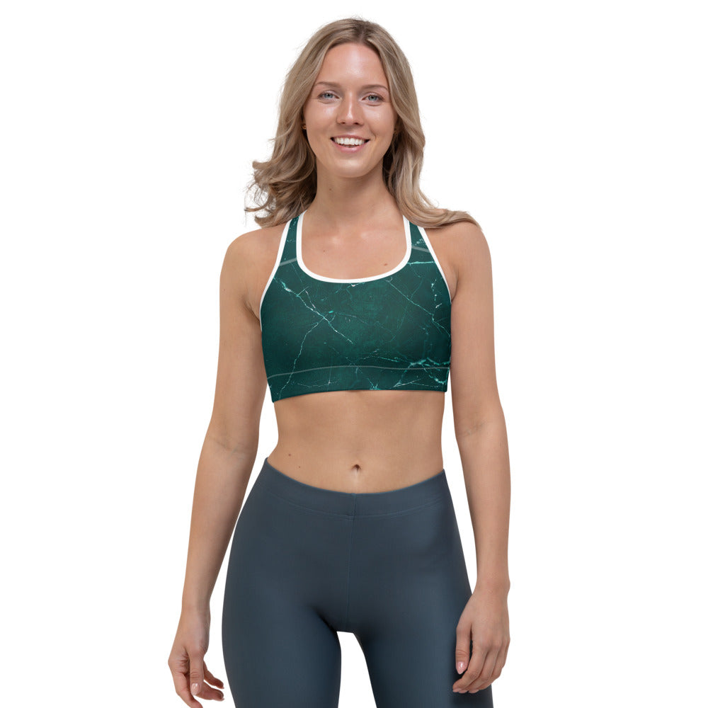 Dark Green Marble Print Women's Sports Bra