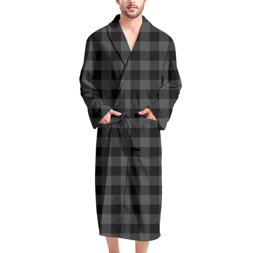 Dark Grey And Black Buffalo Check Print Men's Bathrobe