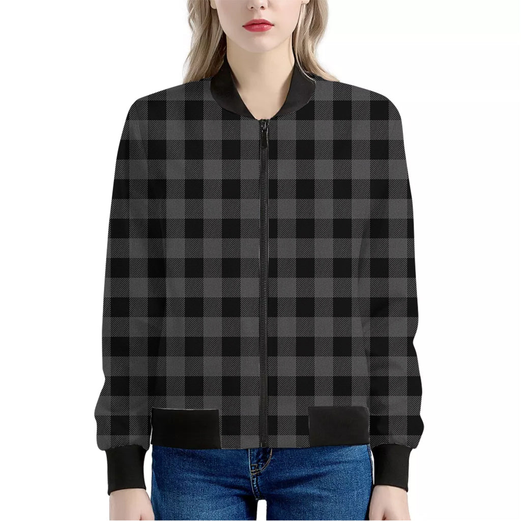 Dark Grey And Black Buffalo Check Print Women's Bomber Jacket