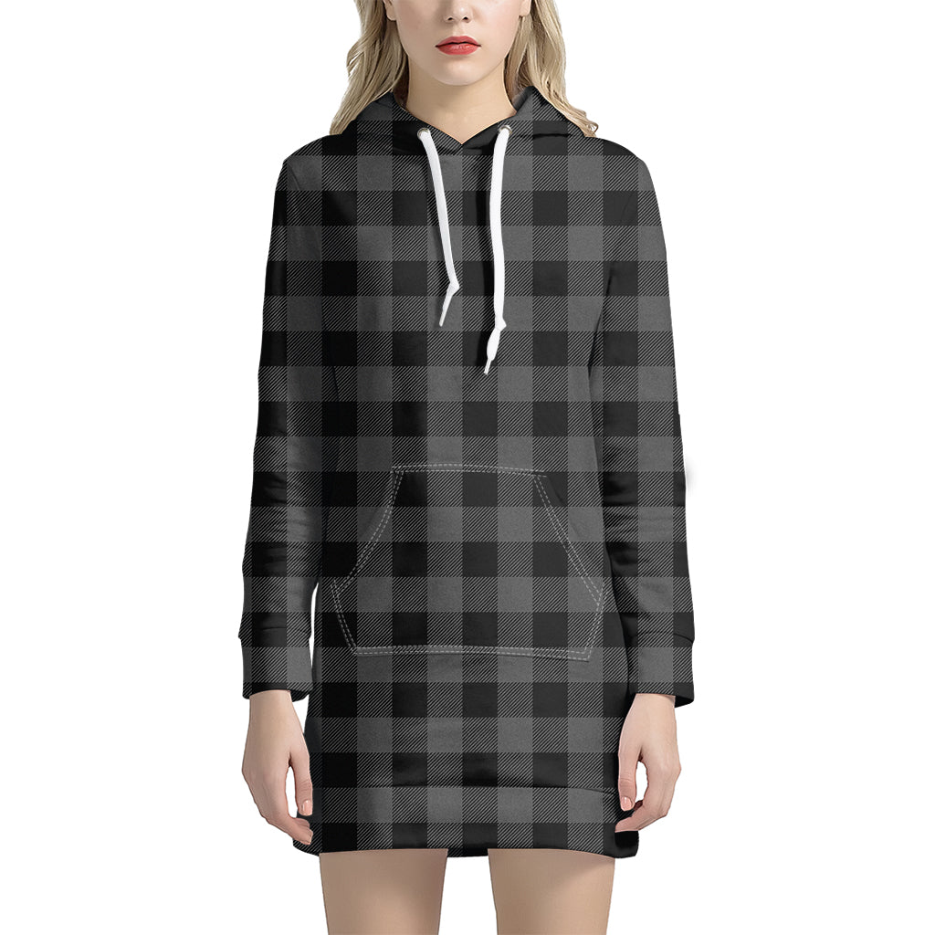 Dark Grey And Black Buffalo Check Print Women's Pullover Hoodie Dress