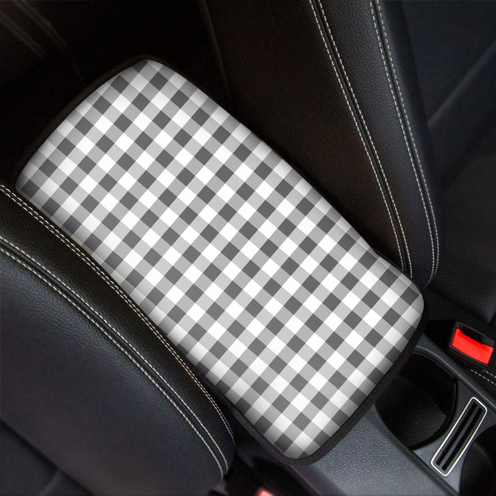 Dark Grey And White Gingham Print Car Center Console Cover