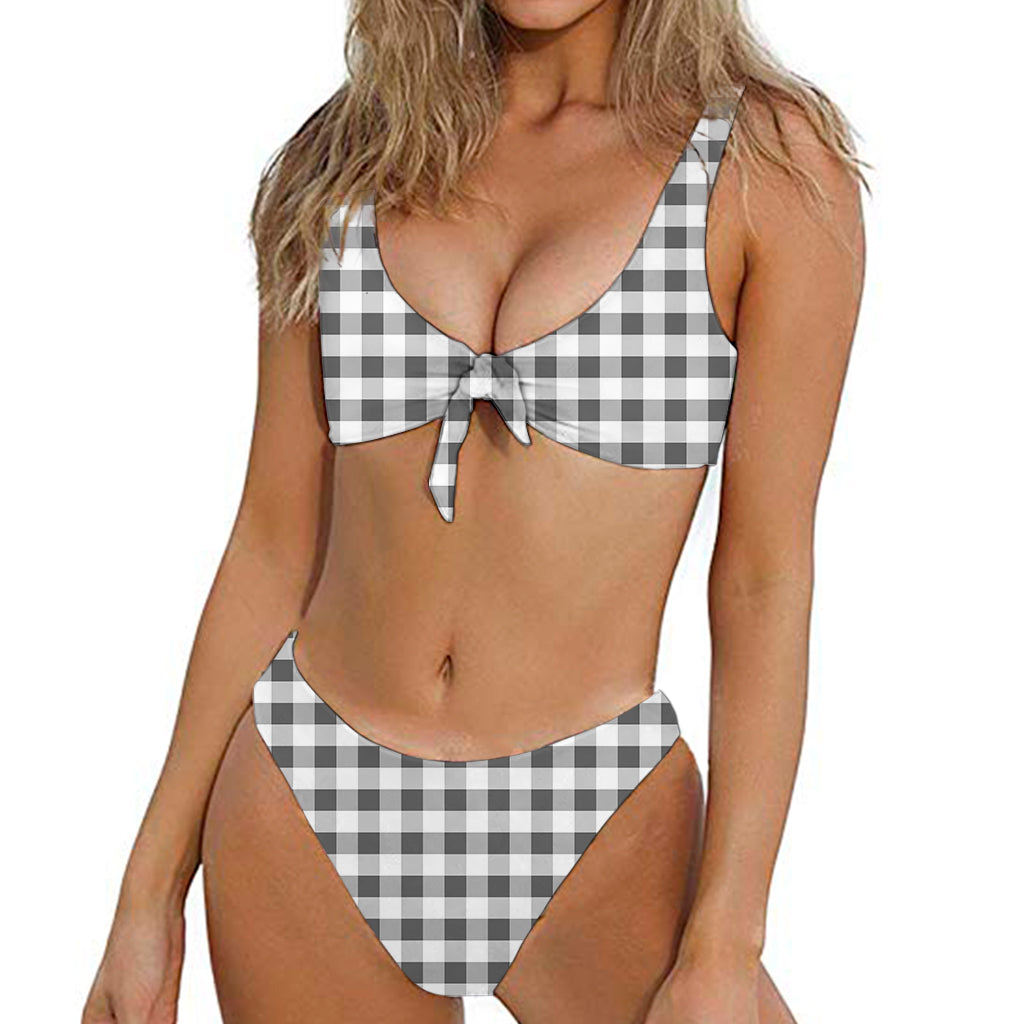 Dark Grey And White Gingham Print Front Bow Tie Bikini