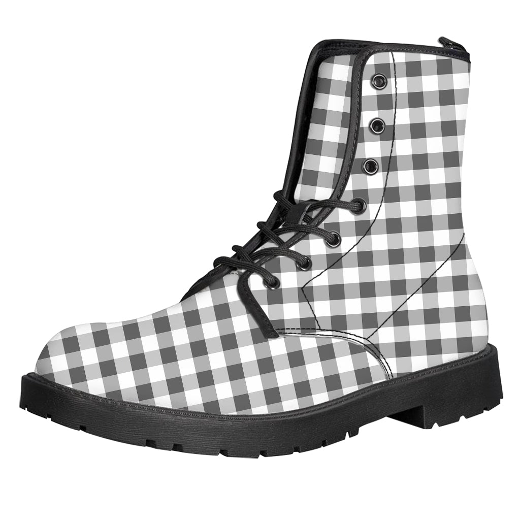 Dark Grey And White Gingham Print Leather Boots