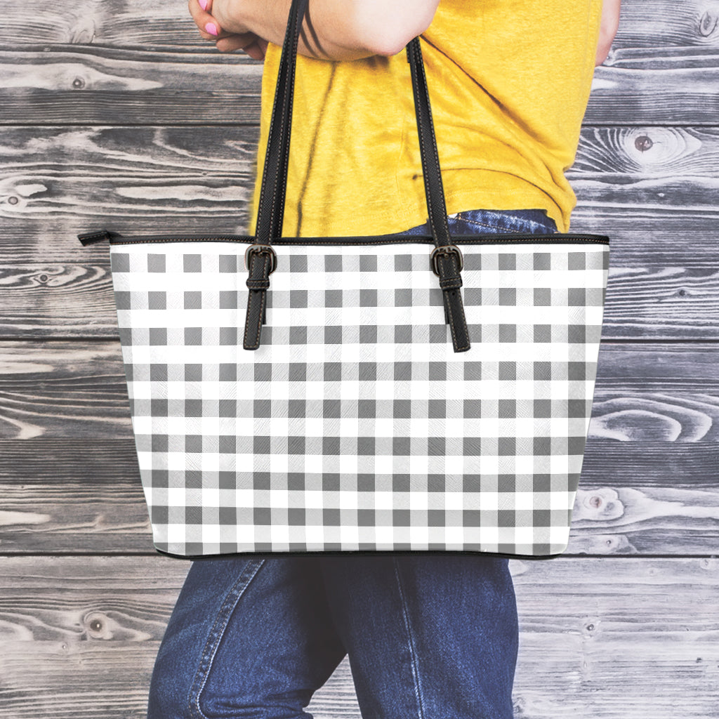 Dark Grey And White Gingham Print Leather Tote Bag