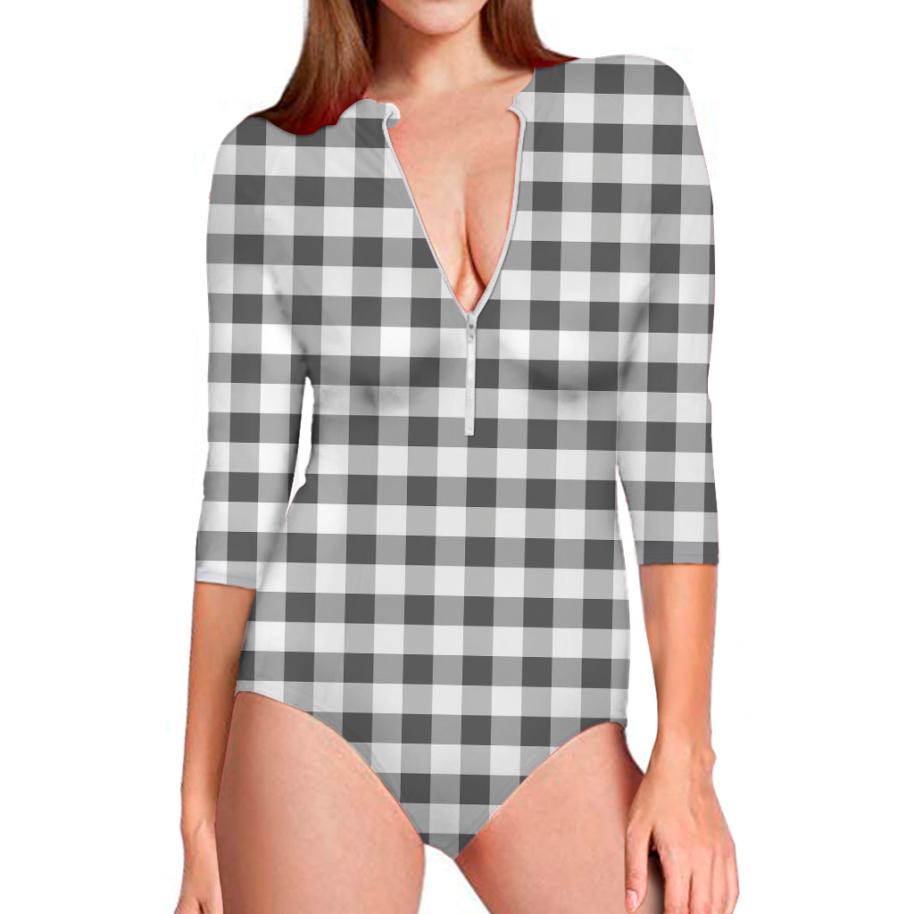 Dark Grey And White Gingham Print Long Sleeve One Piece Swimsuit