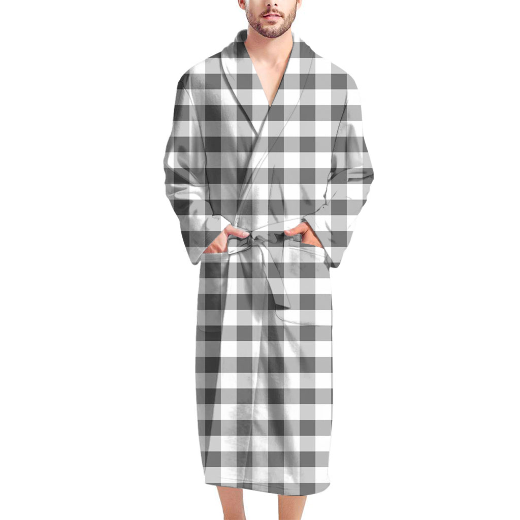 Dark Grey And White Gingham Print Men's Bathrobe