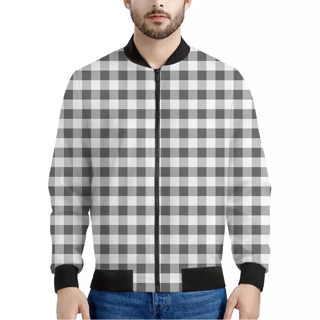 Dark Grey And White Gingham Print Men's Bomber Jacket