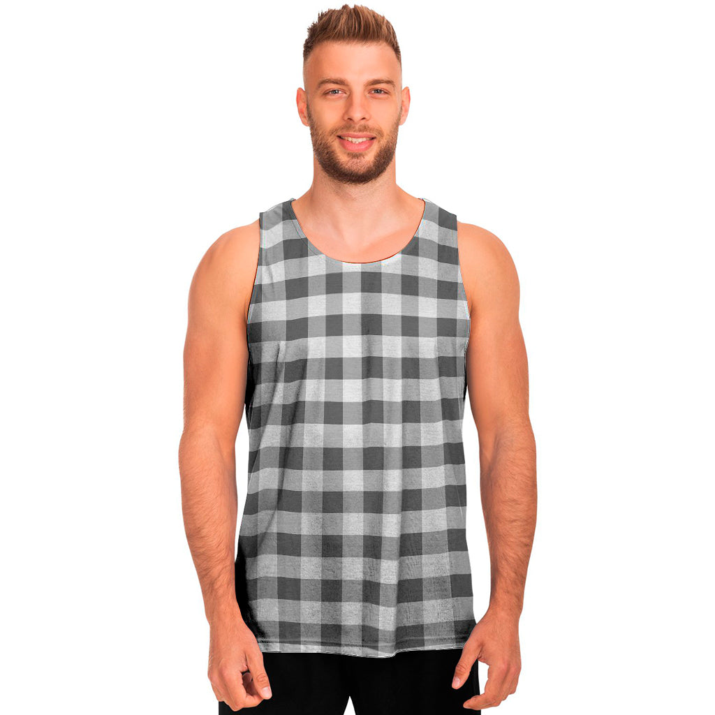 Dark Grey And White Gingham Print Men's Tank Top