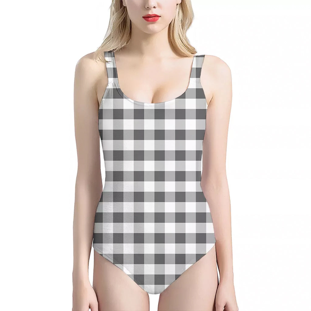 Dark Grey And White Gingham Print One Piece Halter Neck Swimsuit