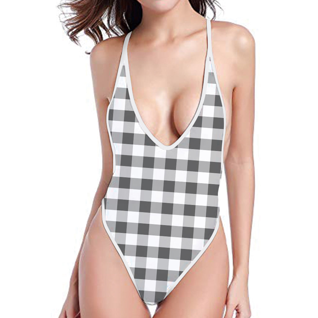 Dark Grey And White Gingham Print One Piece High Cut Swimsuit