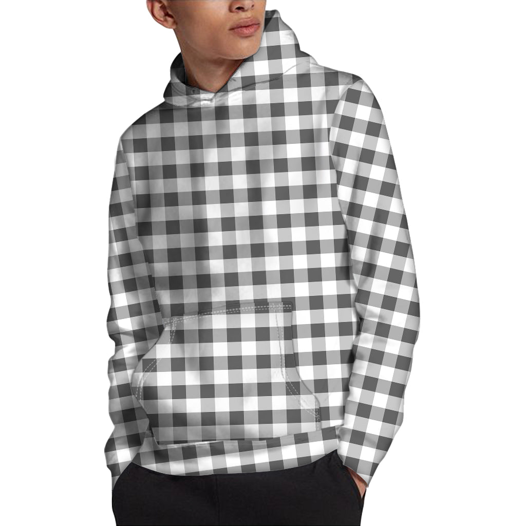 Dark Grey And White Gingham Print Pullover Hoodie