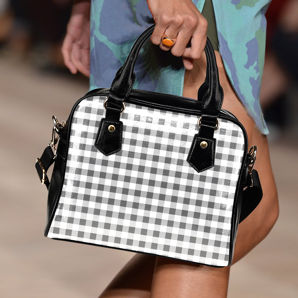 Dark Grey And White Gingham Print Shoulder Handbag