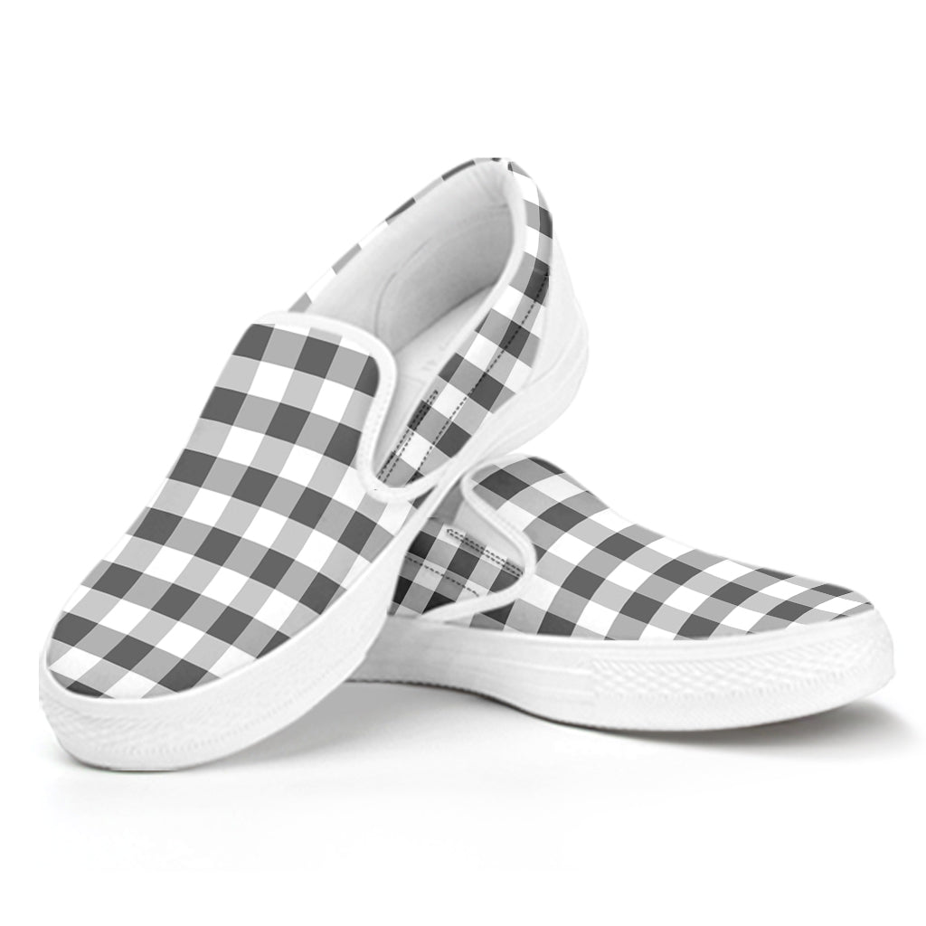 Dark Grey And White Gingham Print White Slip On Shoes