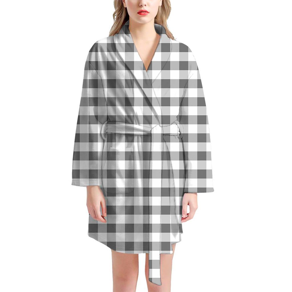 Dark Grey And White Gingham Print Women's Bathrobe