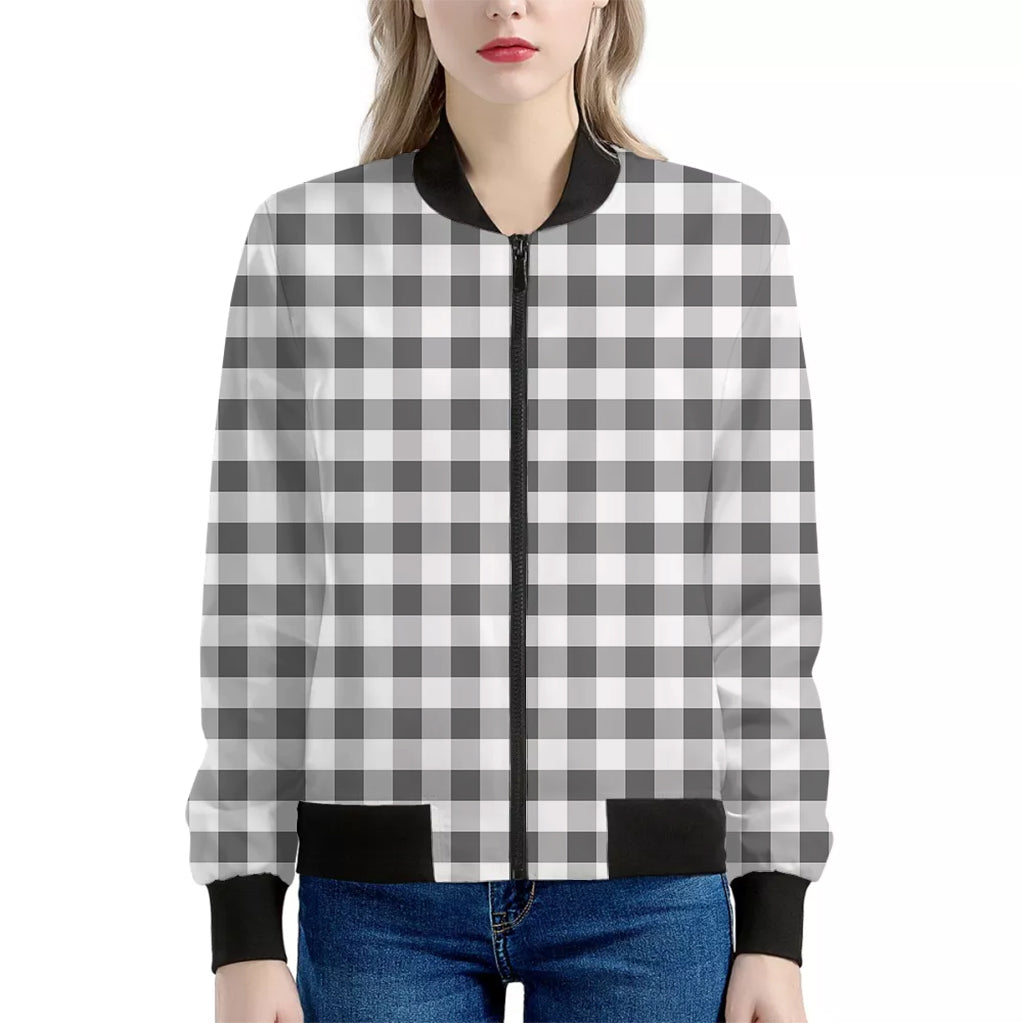 Dark Grey And White Gingham Print Women's Bomber Jacket