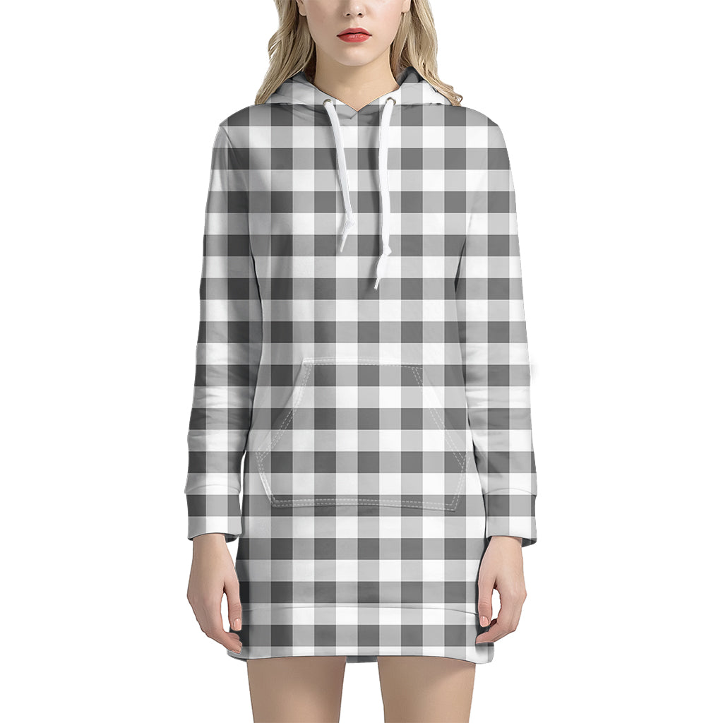 Dark Grey And White Gingham Print Women's Pullover Hoodie Dress