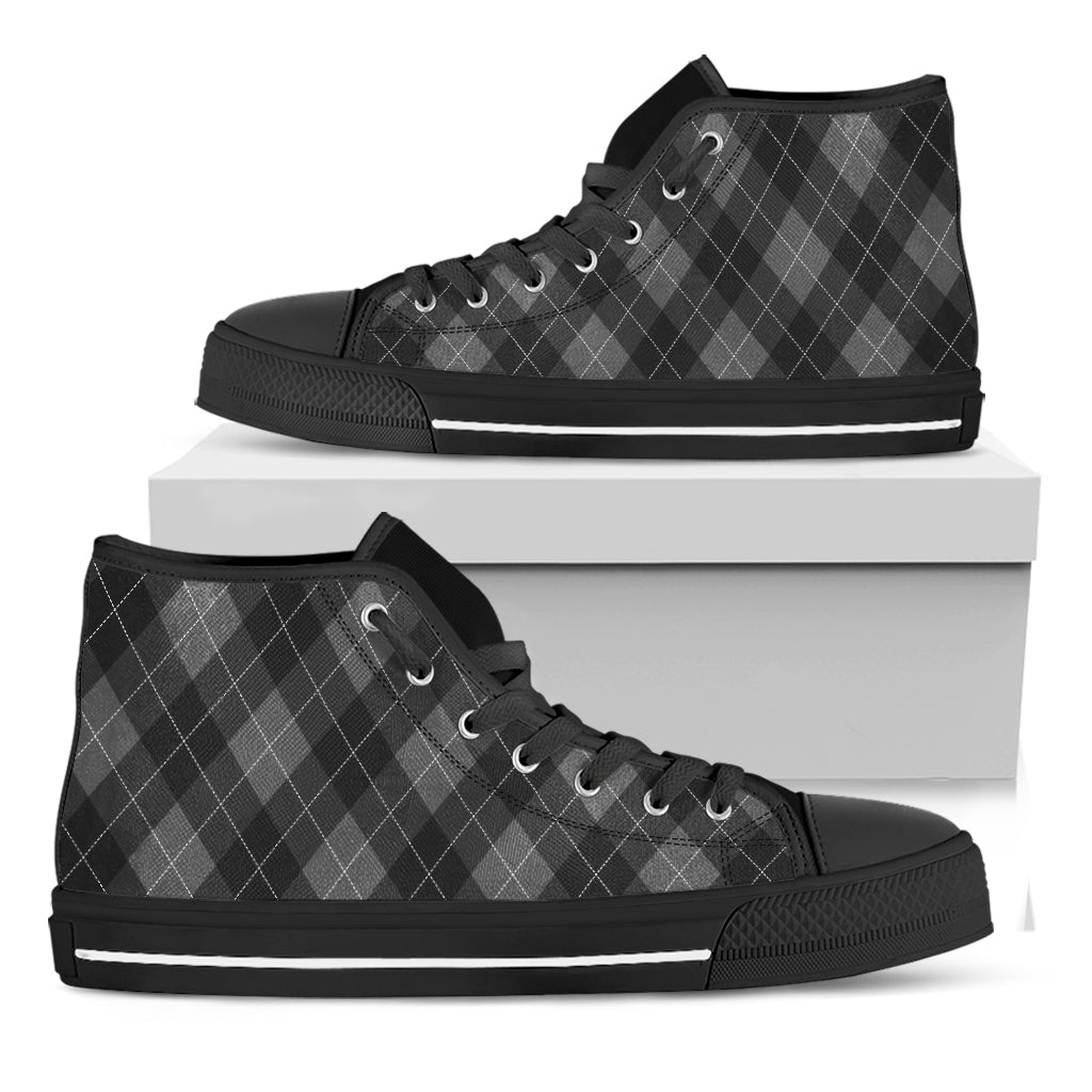 Dark Grey Argyle Pattern Print Black High Top Shoes