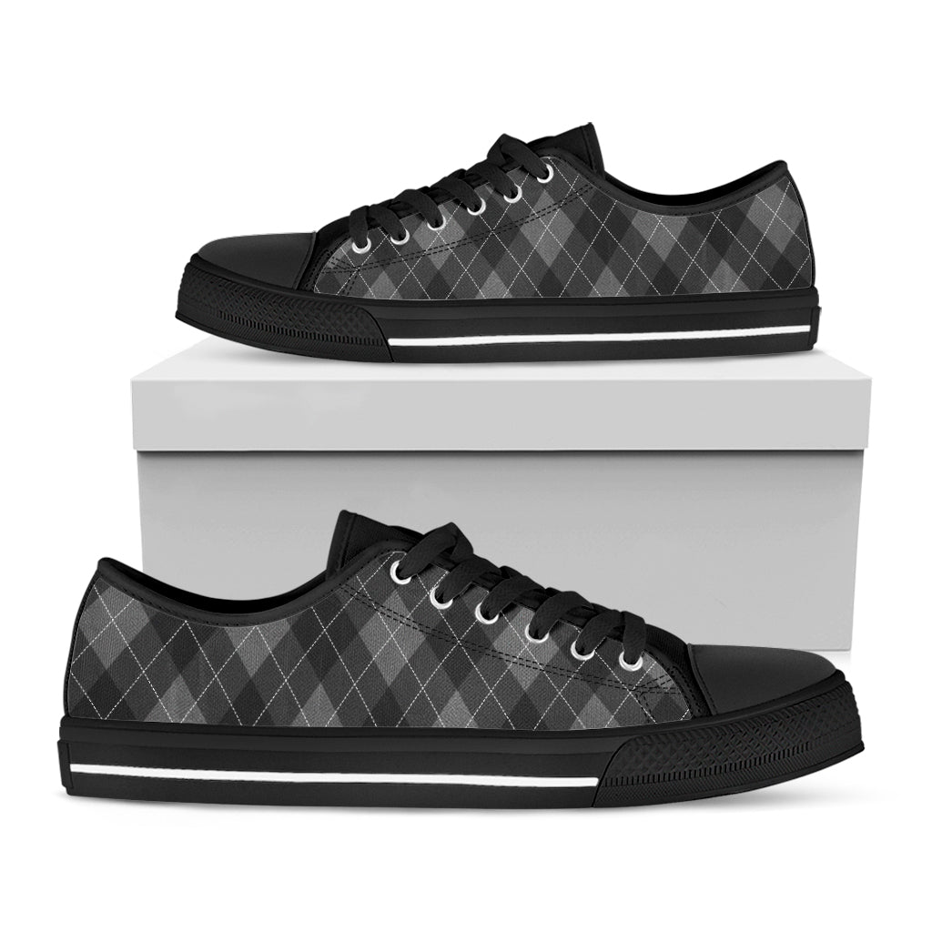 Dark Grey Argyle Pattern Print Black Low Top Shoes