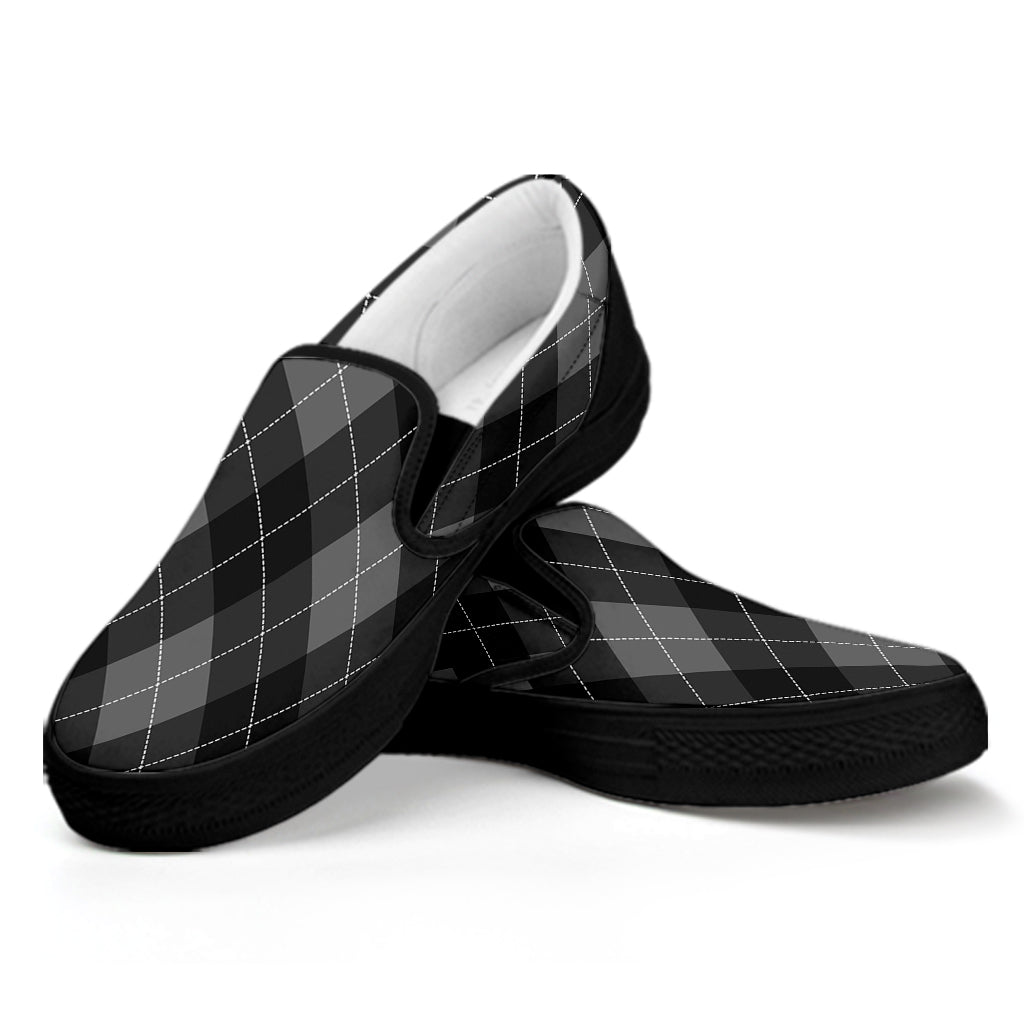 Dark Grey Argyle Pattern Print Black Slip On Shoes