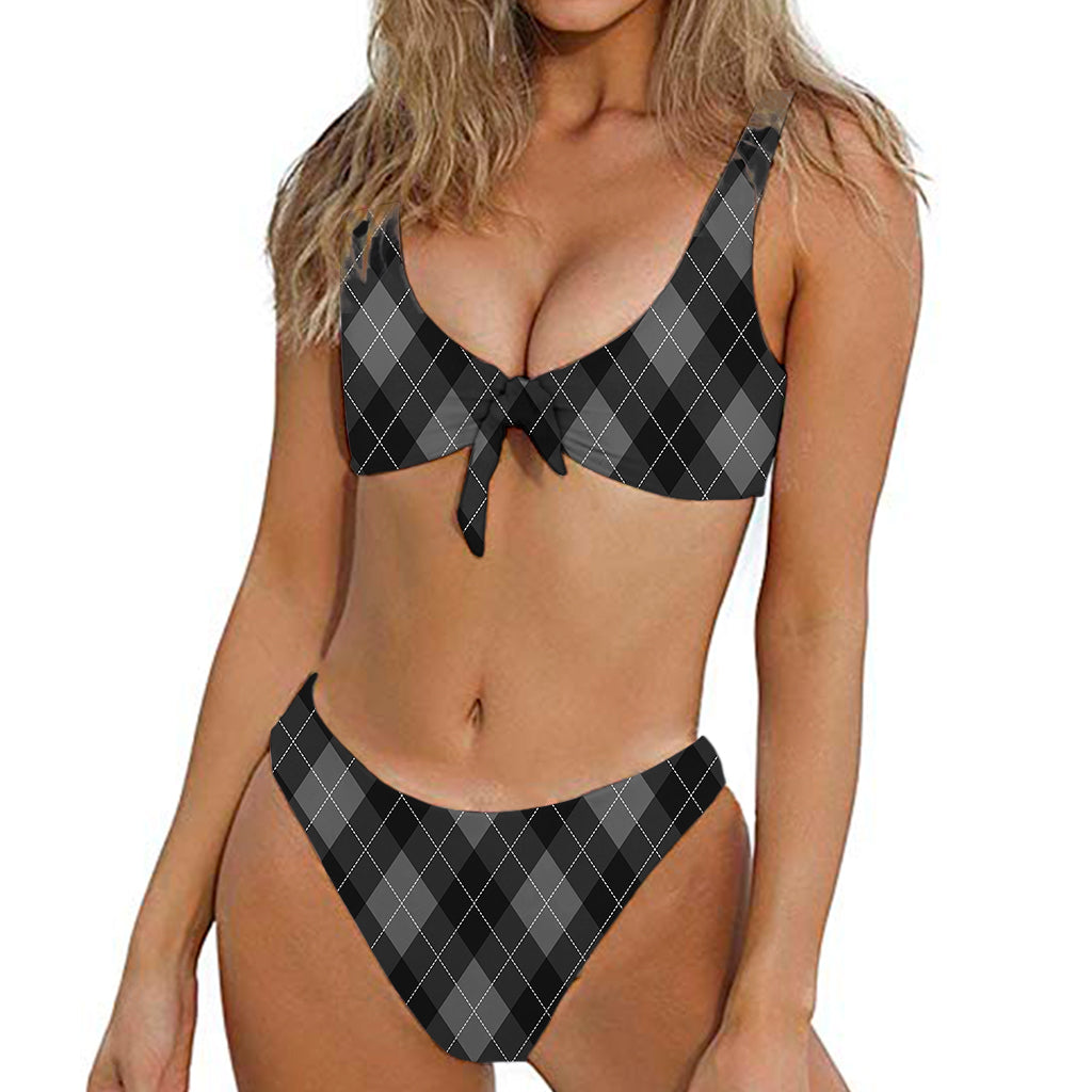 Dark Grey Argyle Pattern Print Front Bow Tie Bikini