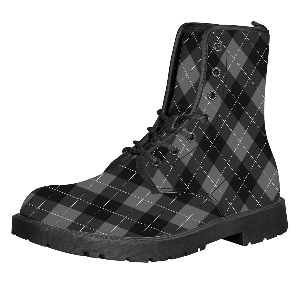 Dark Grey Argyle Pattern Print Leather Boots