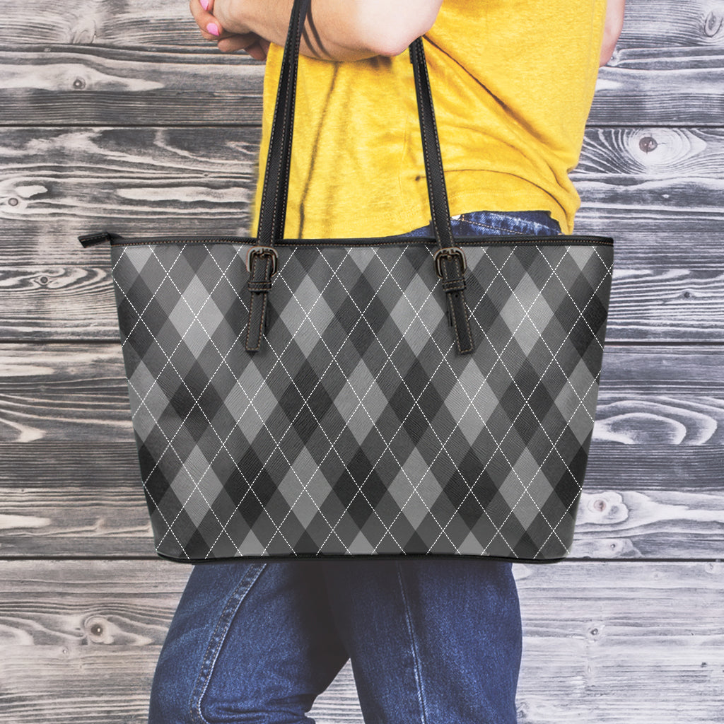 Dark Grey Argyle Pattern Print Leather Tote Bag