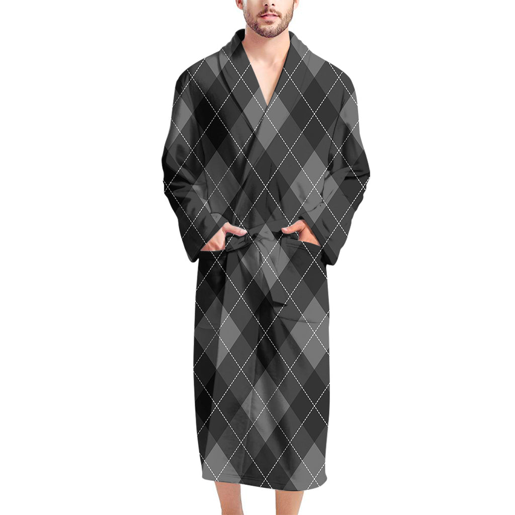 Dark Grey Argyle Pattern Print Men's Bathrobe