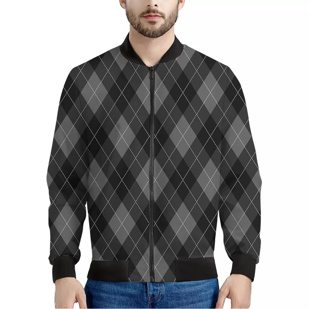 Dark Grey Argyle Pattern Print Men's Bomber Jacket