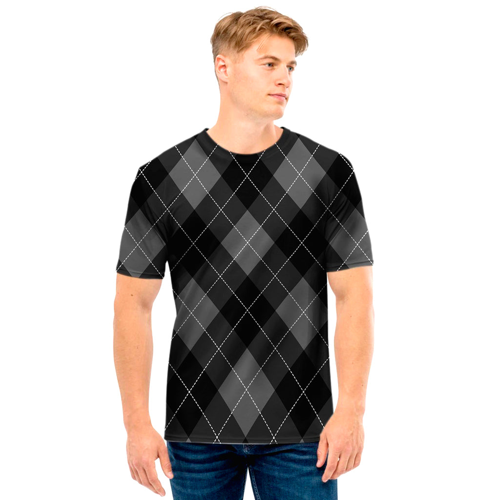 Dark Grey Argyle Pattern Print Men's T-Shirt