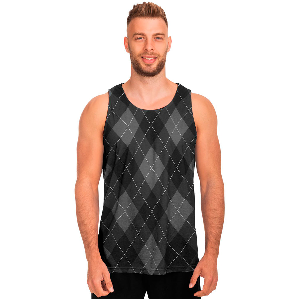 Dark Grey Argyle Pattern Print Men's Tank Top