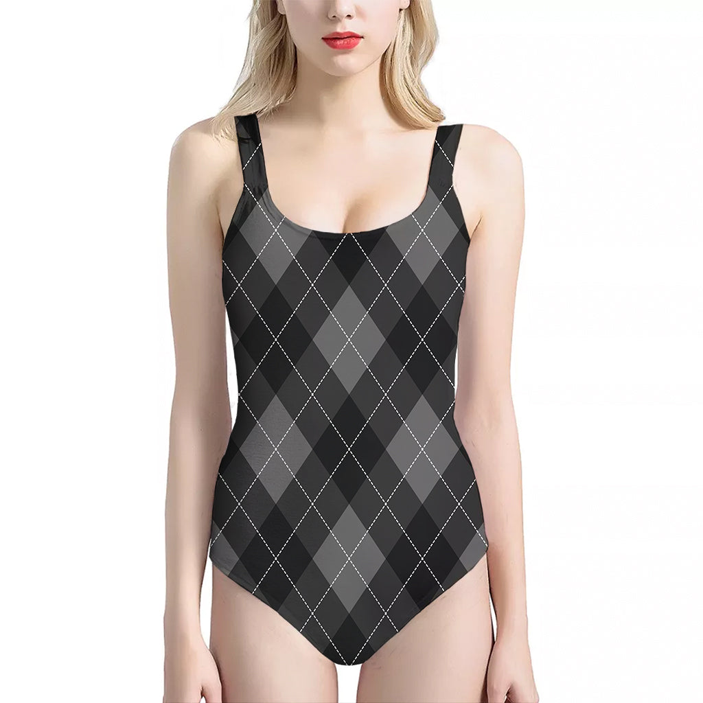 Dark Grey Argyle Pattern Print One Piece Halter Neck Swimsuit