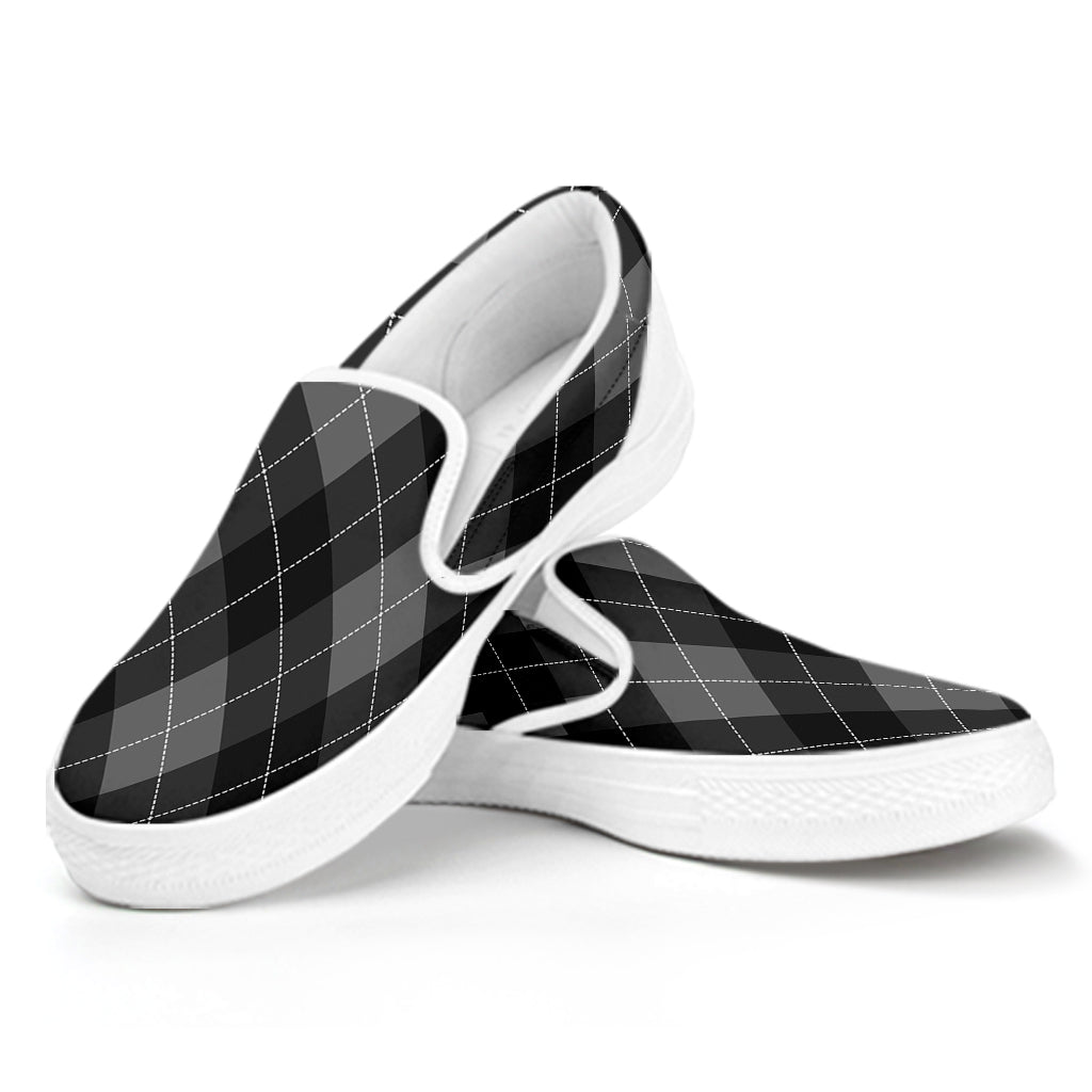 Dark Grey Argyle Pattern Print White Slip On Shoes