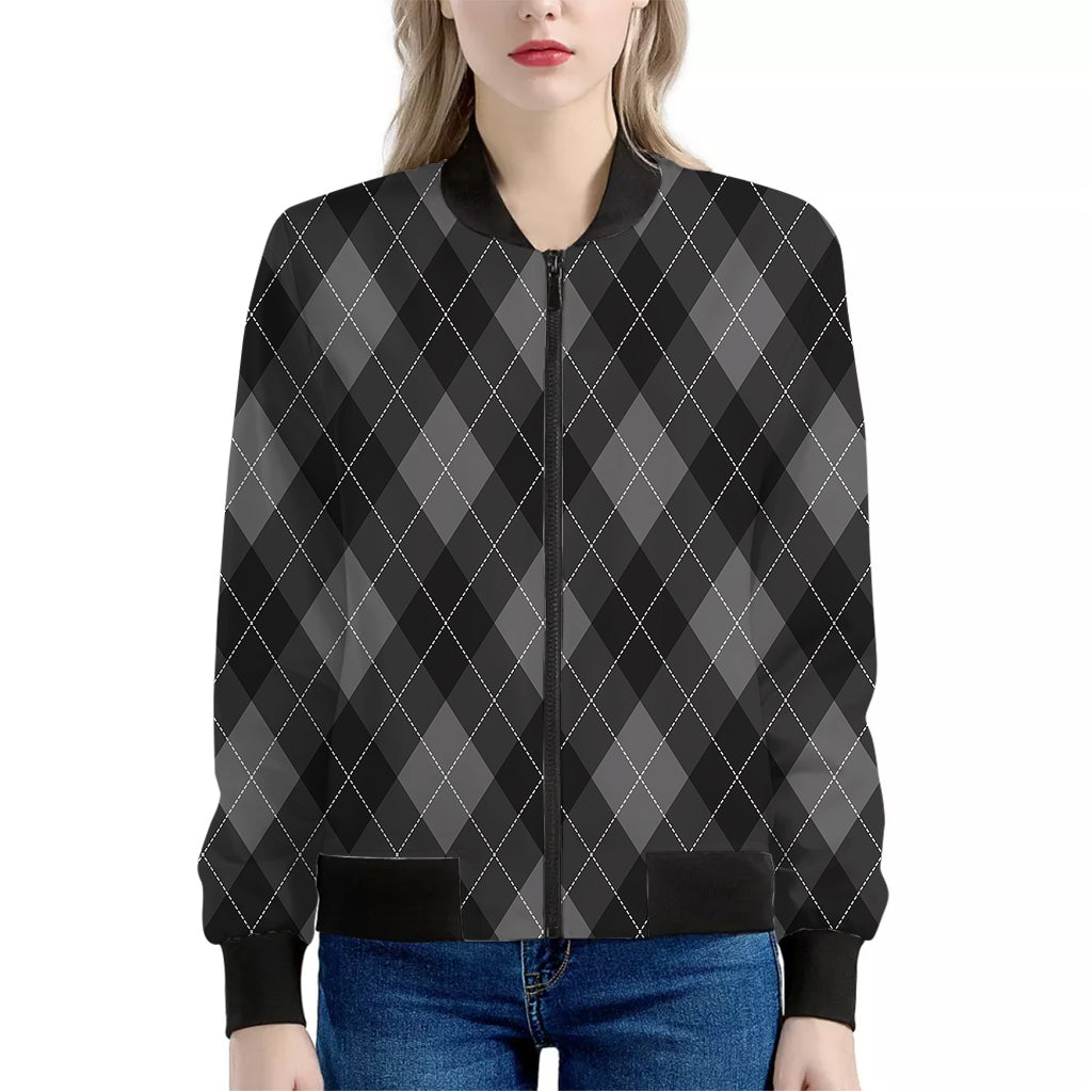 Dark Grey Argyle Pattern Print Women's Bomber Jacket