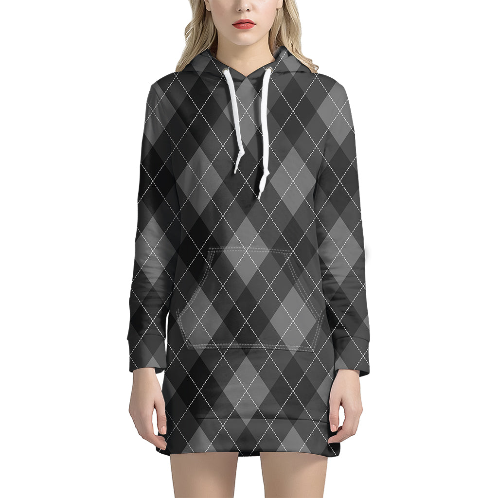 Dark Grey Argyle Pattern Print Women's Pullover Hoodie Dress