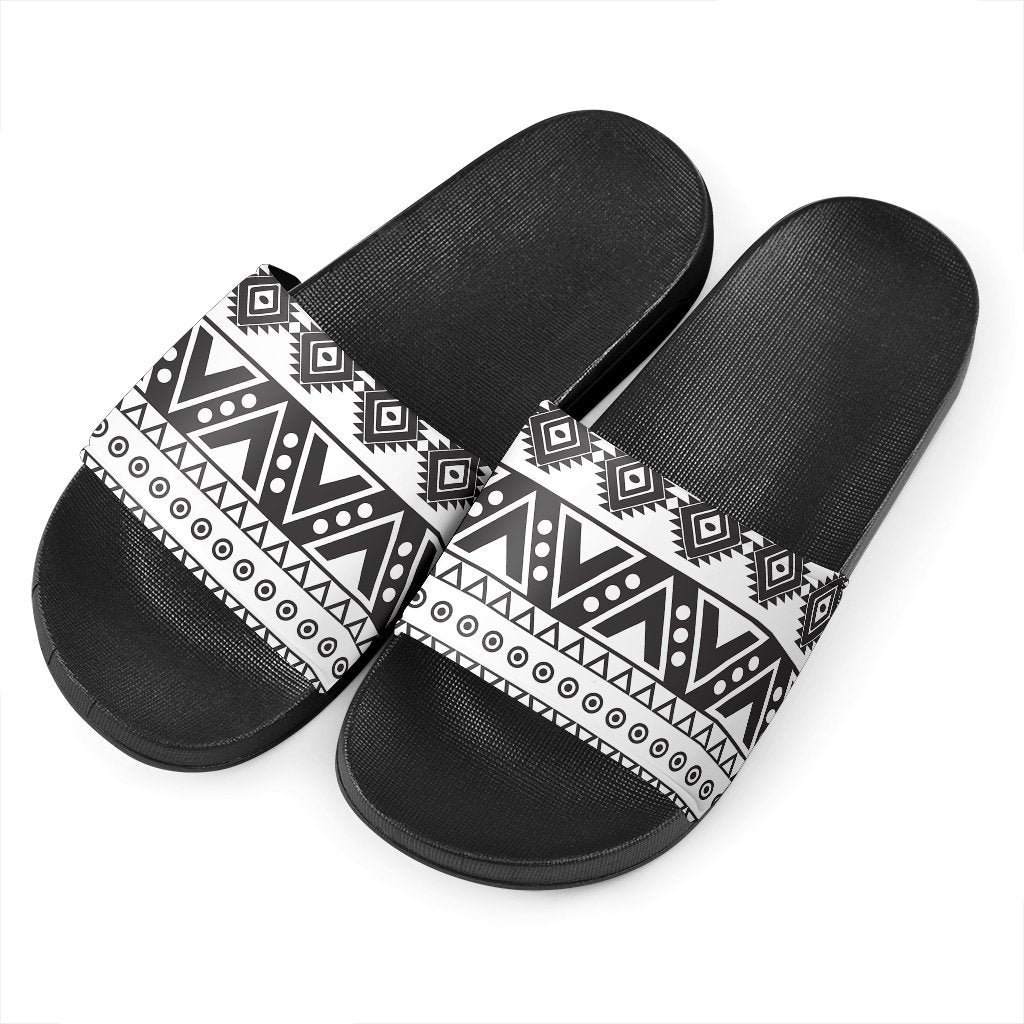 Dark Grey Aztec Pattern Print Black Slide Sandals