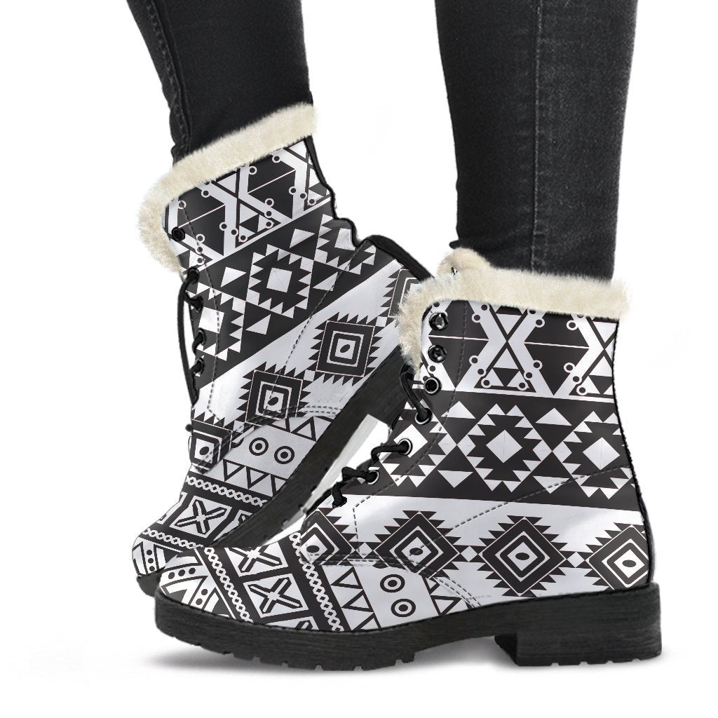 Dark Grey Aztec Pattern Print Faux Fur Leather Boots