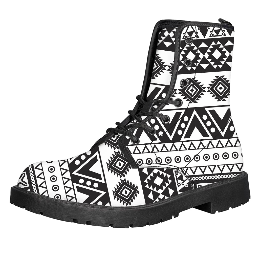 Dark Grey Aztec Pattern Print Leather Boots